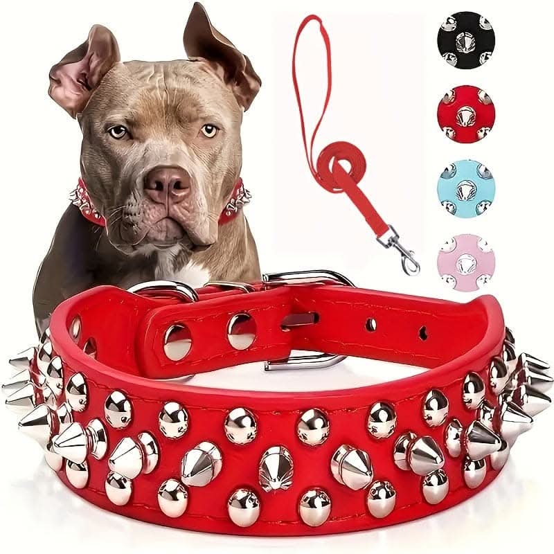 Adjustable Leather Spiked Dog Collar Set
