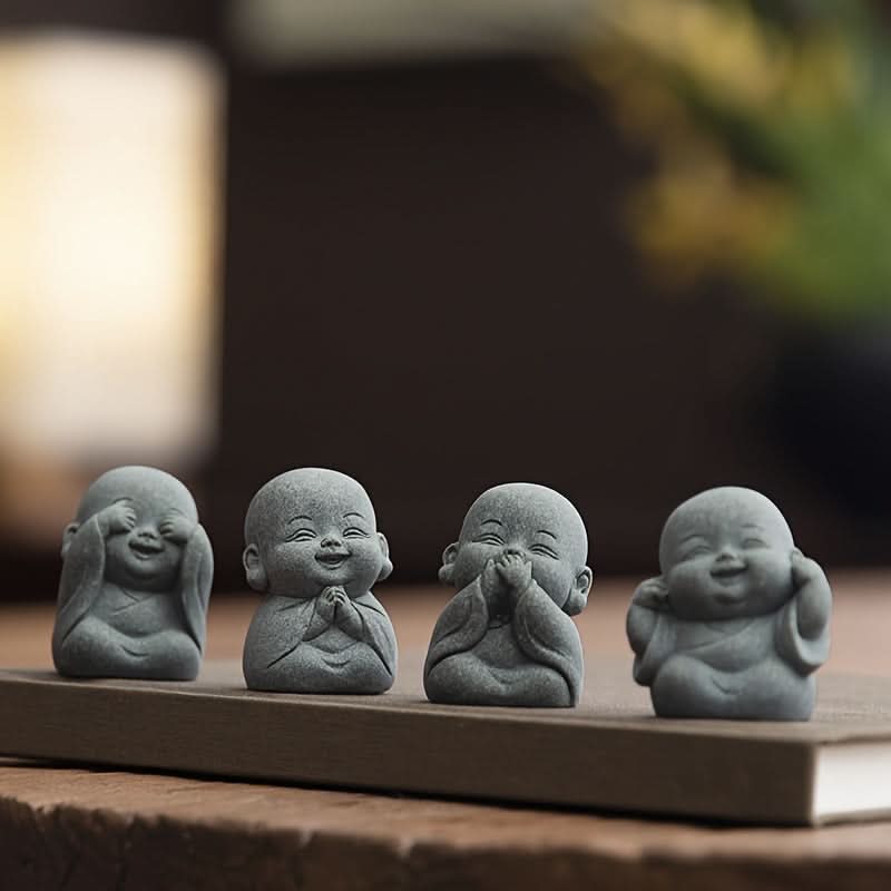 Set of 4 Mini Monk Figurines – Cute Resin Tea Pets & Home Decor