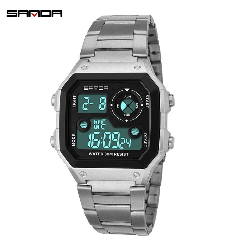 Sanda Men’s Black Square Digital Watch – Waterproof Stainless Steel Hip-Hop Sports Watch