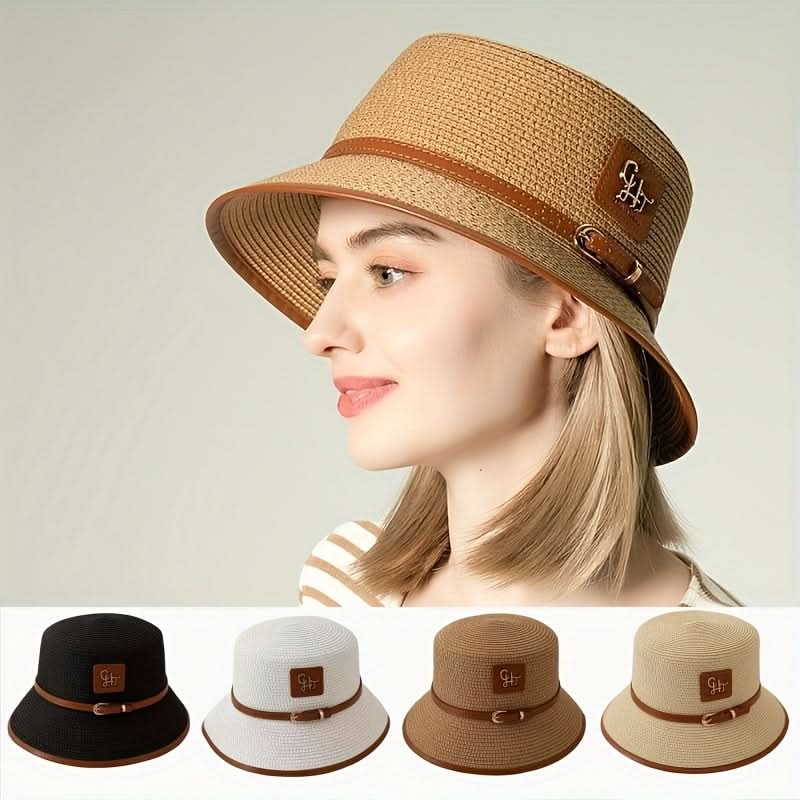 Women’s Straw Fedora Hat – Short Brim Sun Hat with Faux Leather Belt