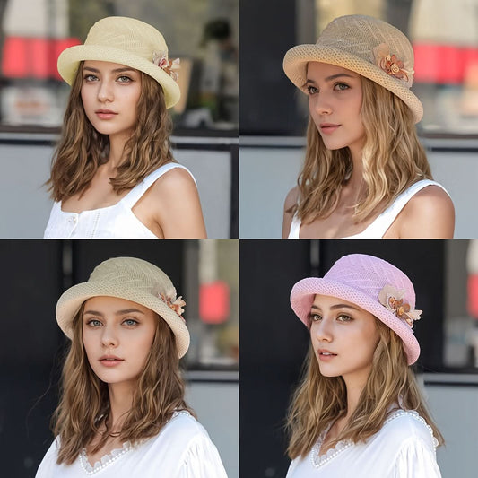 Women’s Straw Sun Hat with Floral Trim – Lightweight, Breathable, Rolled Brim