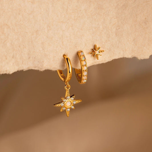 Gold Opal Huggie Hoop Earrings Set