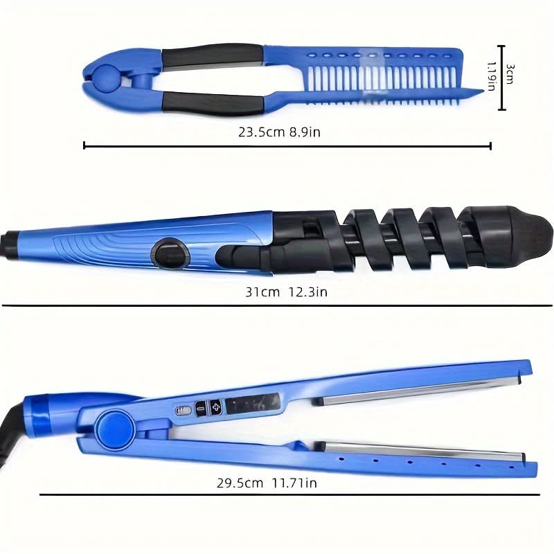 3-Piece Blue Hairdressing Tools Set - Straightener, Curler, V-Brush