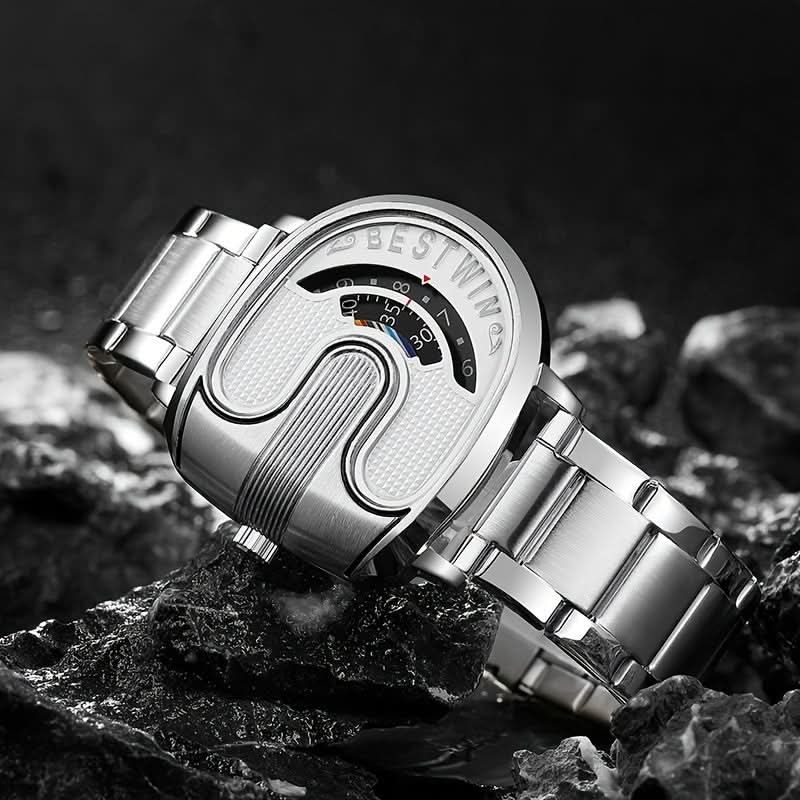 Men’s U-Shaped Digital Quartz Watch – Stainless Steel Band, Date & Stopwatch