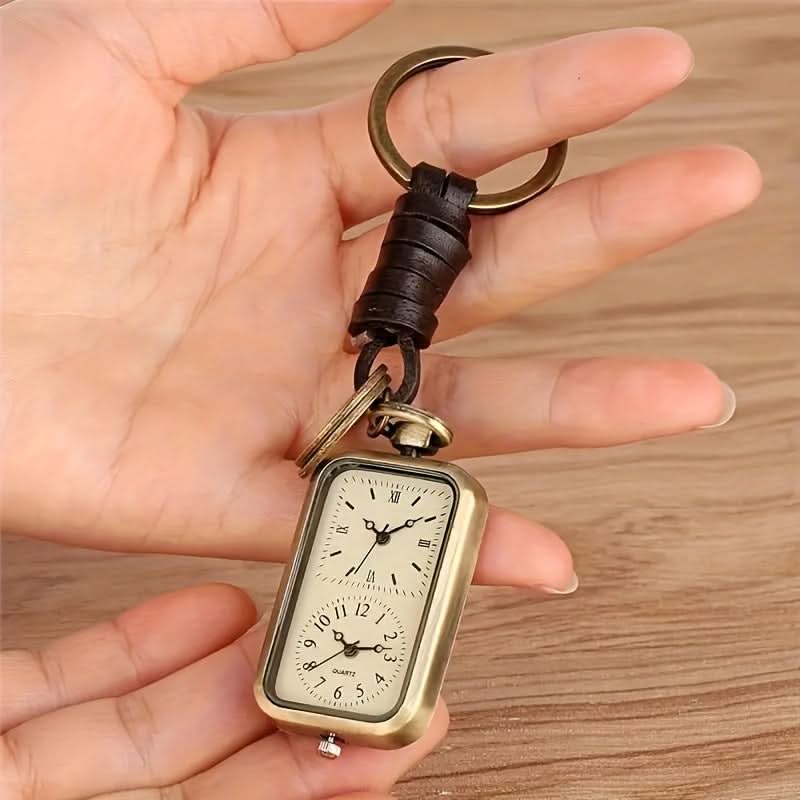 Vintage Dual Time Zone Quartz Pocket Watch Keychain – Rectangle Dial