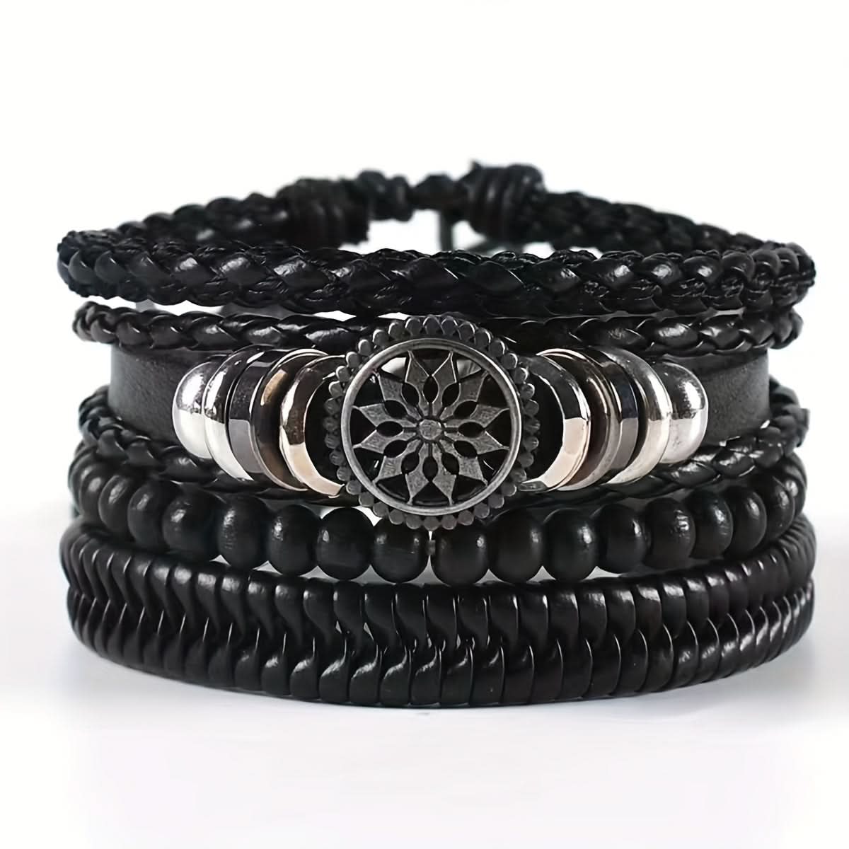 Vintage Leather Anchor Bracelet Set, 4-Piece Boho Style