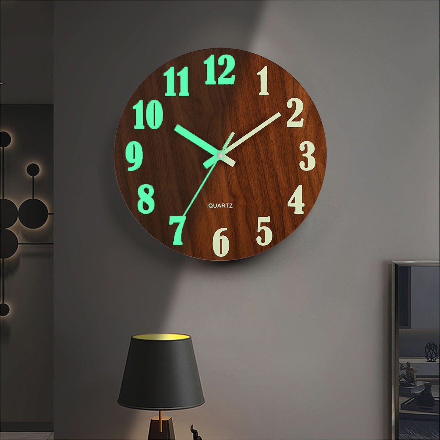 12-Inch Silent Glow-in-the-Dark Wooden Wall Clock