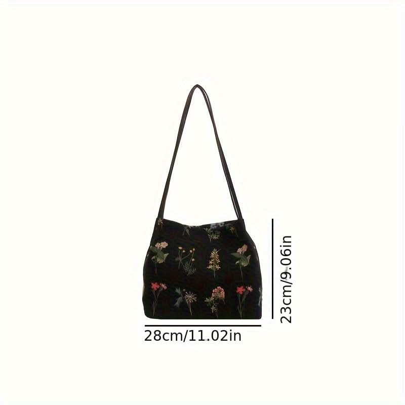 Retro Canvas Tote Bag – Floral Embroidery, Large Capacity