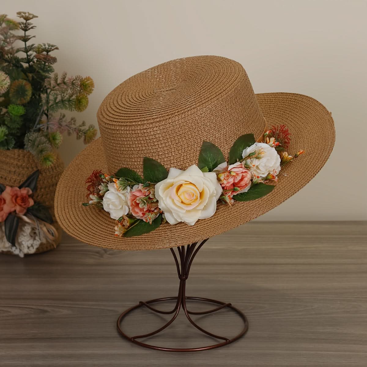 Women's Straw Fedora Hat with Rose Detail – Breathable Sun Protection