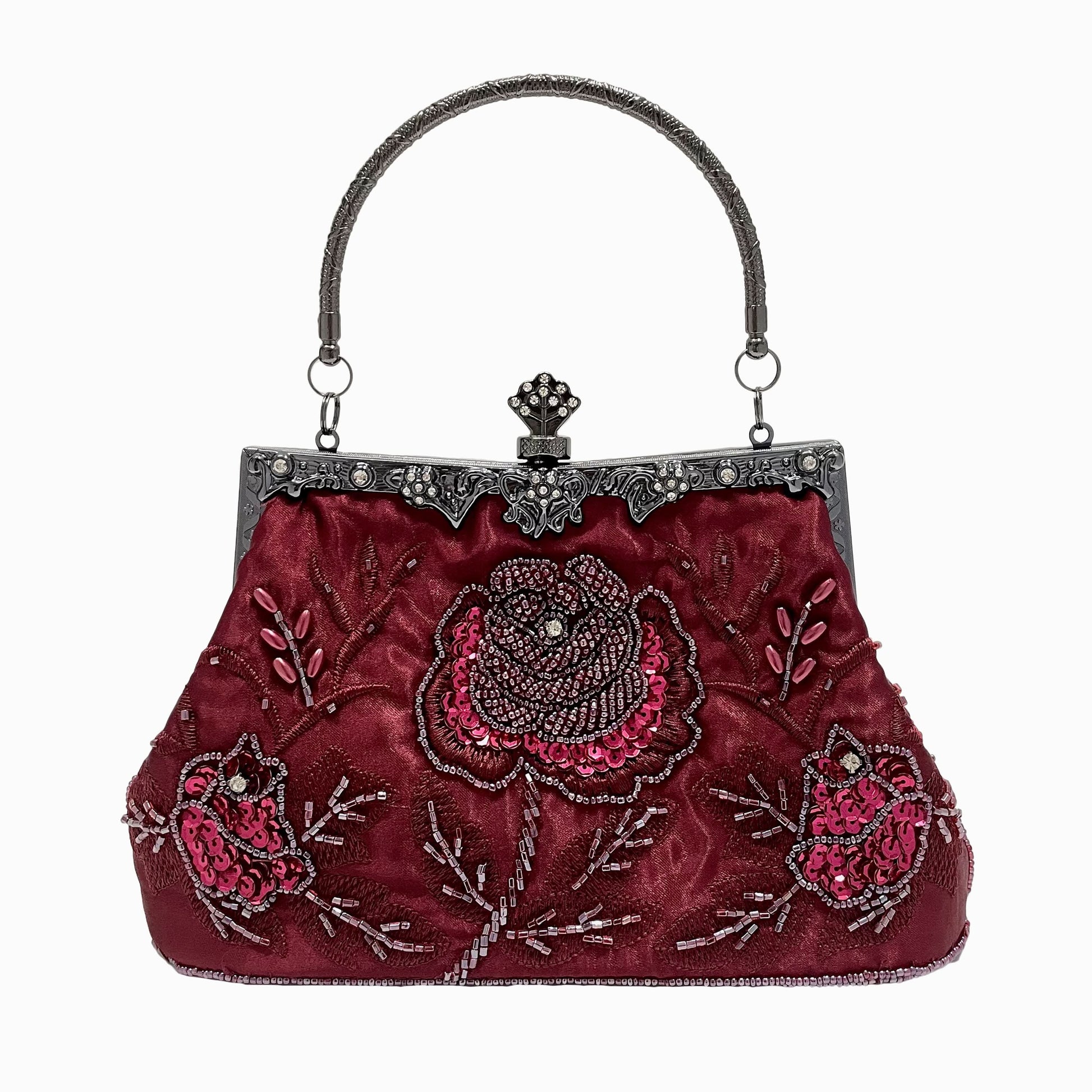 Vintage Floral Beaded Clutch, Satin Evening Bag
