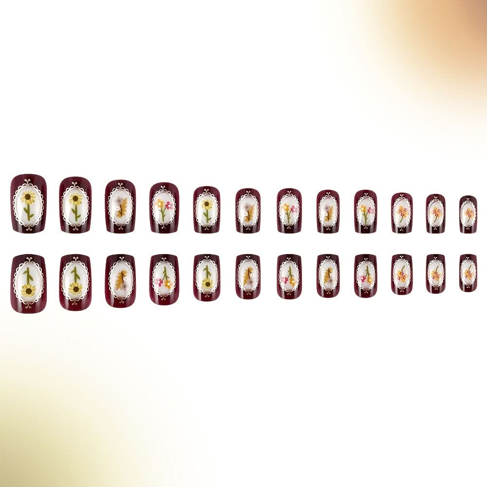 24 Pcs Luxury Floral Press-On Nails Set – Short Square Glossy Fake Nails