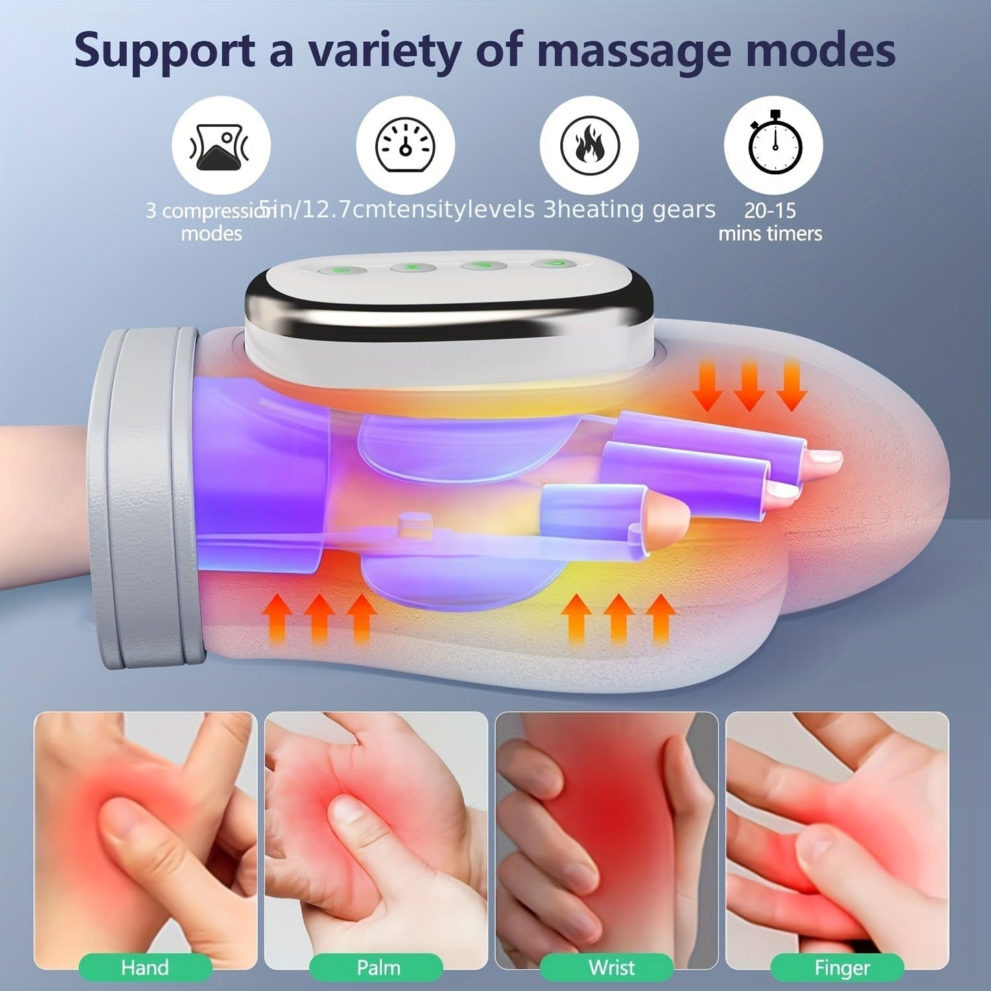 Heated Hand Massager with Compression – 3 Massage Modes, 4 Heat Levels, Palm Rollers for Pain & Numbness Relief