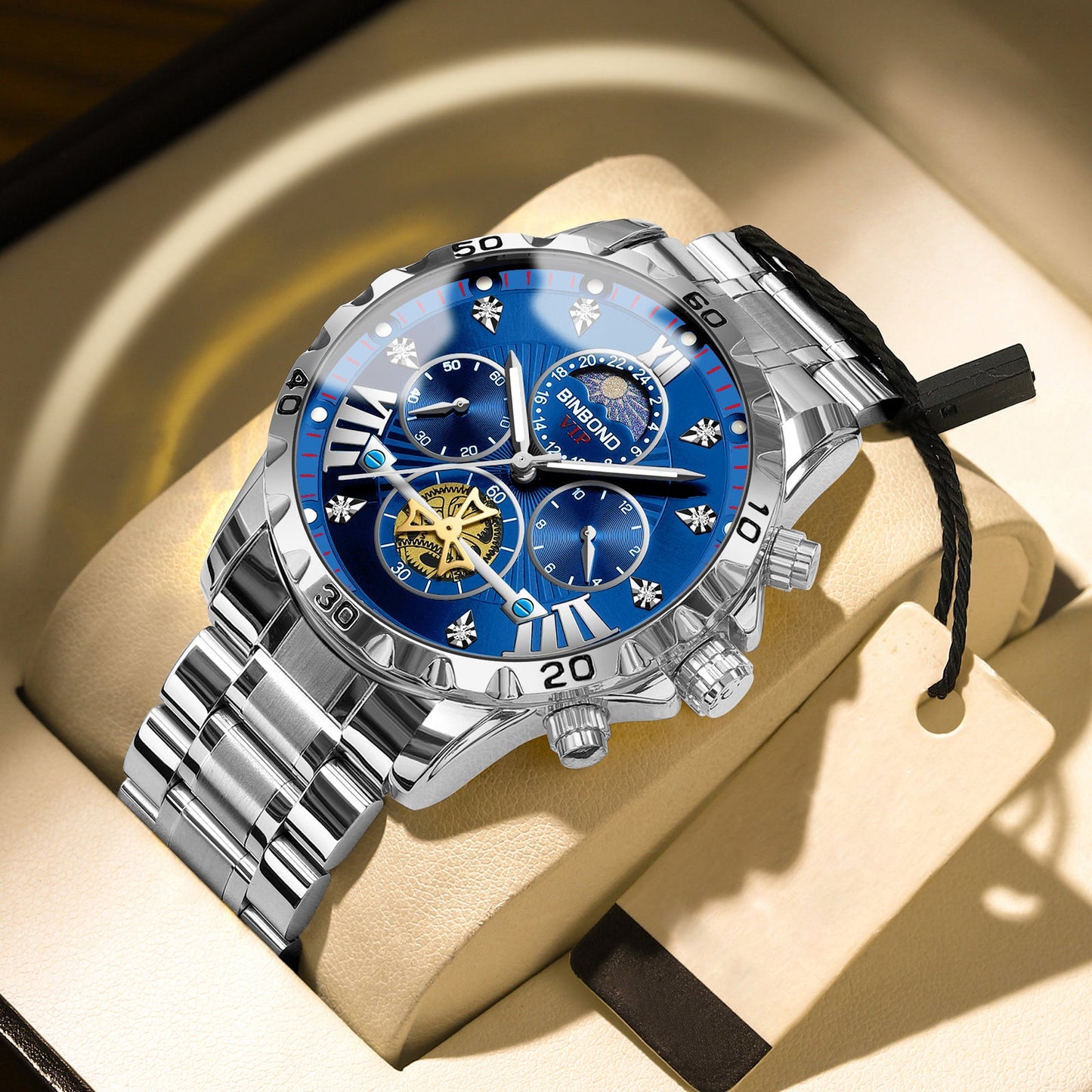 Binbond B3103 Flywheel Moon phase Quartz Watch for Men