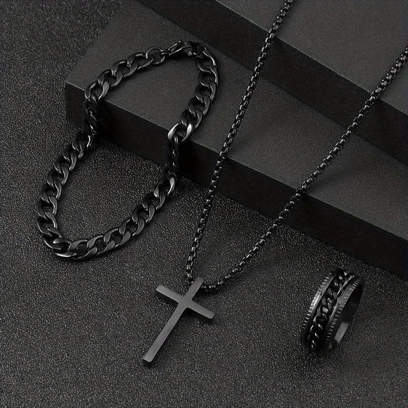 3pcs Men's Stainless Steel Jewelry Set – Cross Necklace, Bracelet, Ring