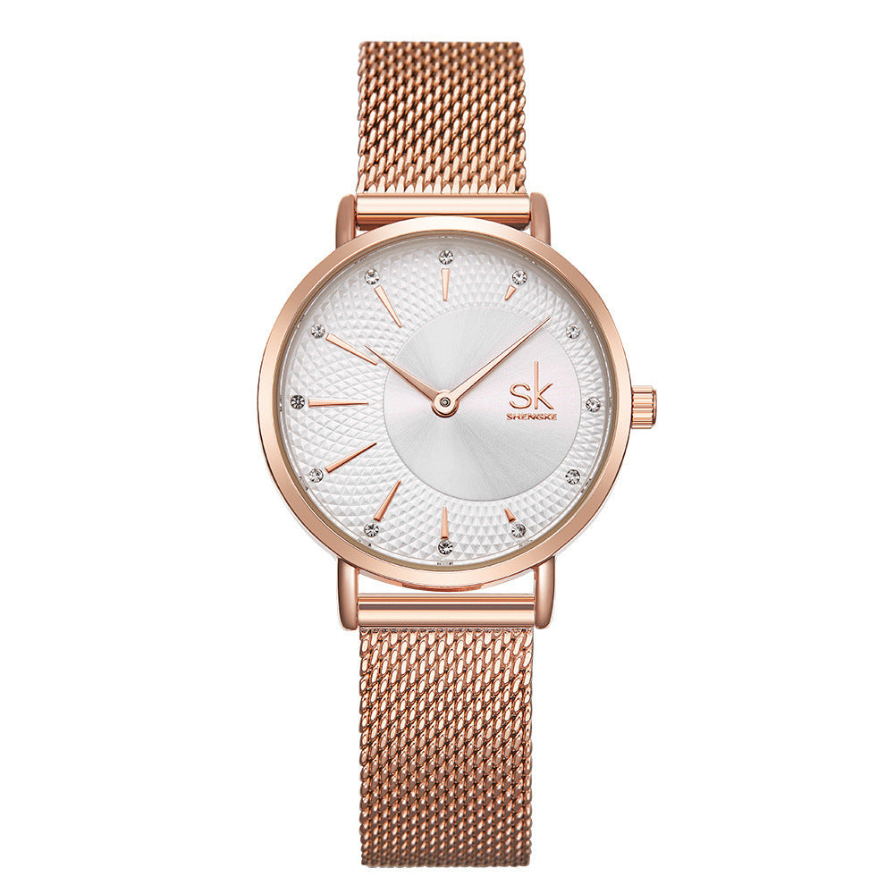 SK Women’s Quartz Watch – Diamond Dial Stainless Steel Mesh Fashion Timepiece