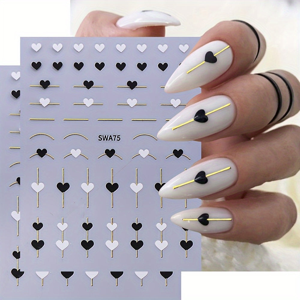 5-Piece Gold Line & Heart Nail Art Stickers – Black & White Valentine's DIY Set