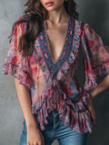 Boho Romantic V-Neck Sheer Floral Print Ruffle Blouse