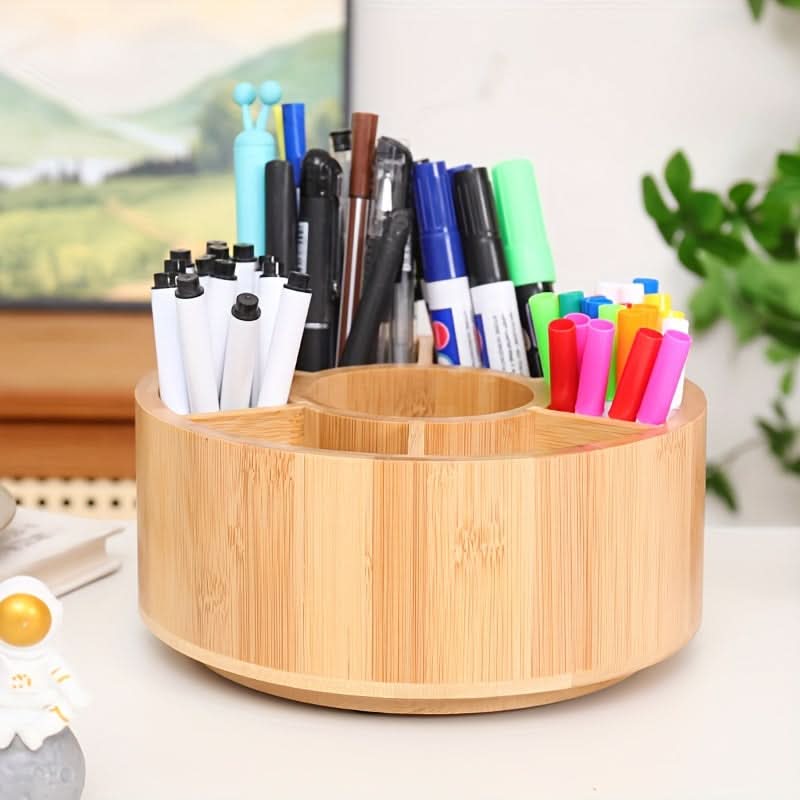 Bamboo Rotating Desktop Storage Box – Pen Holder for Office