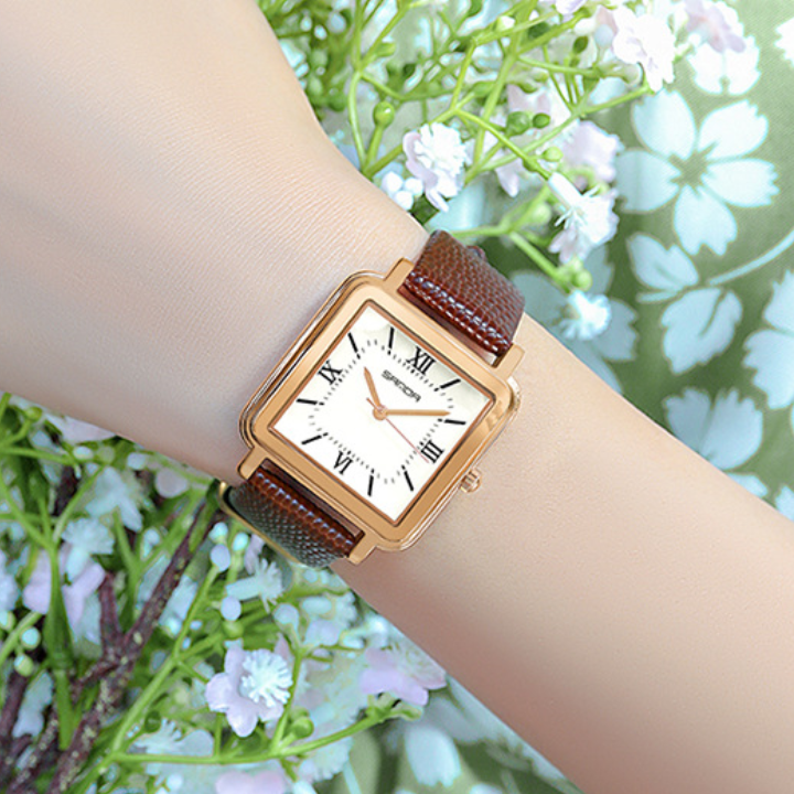 SANDA Women’s Square Quartz Watch – Retro Leather Strap with Roman Numerals