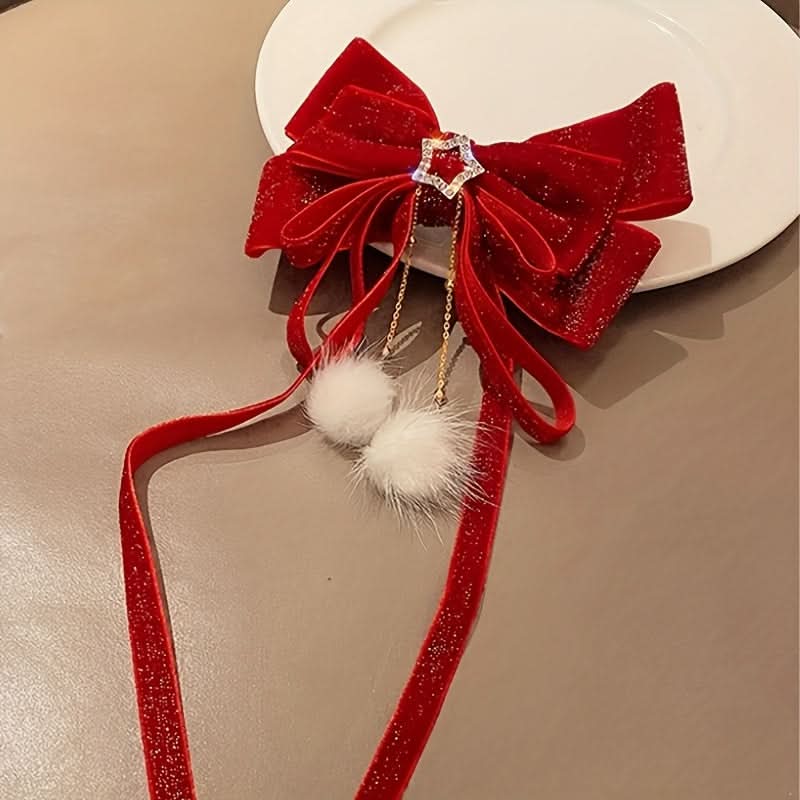Christmas Plush Bow Hair Clip with Star Charm