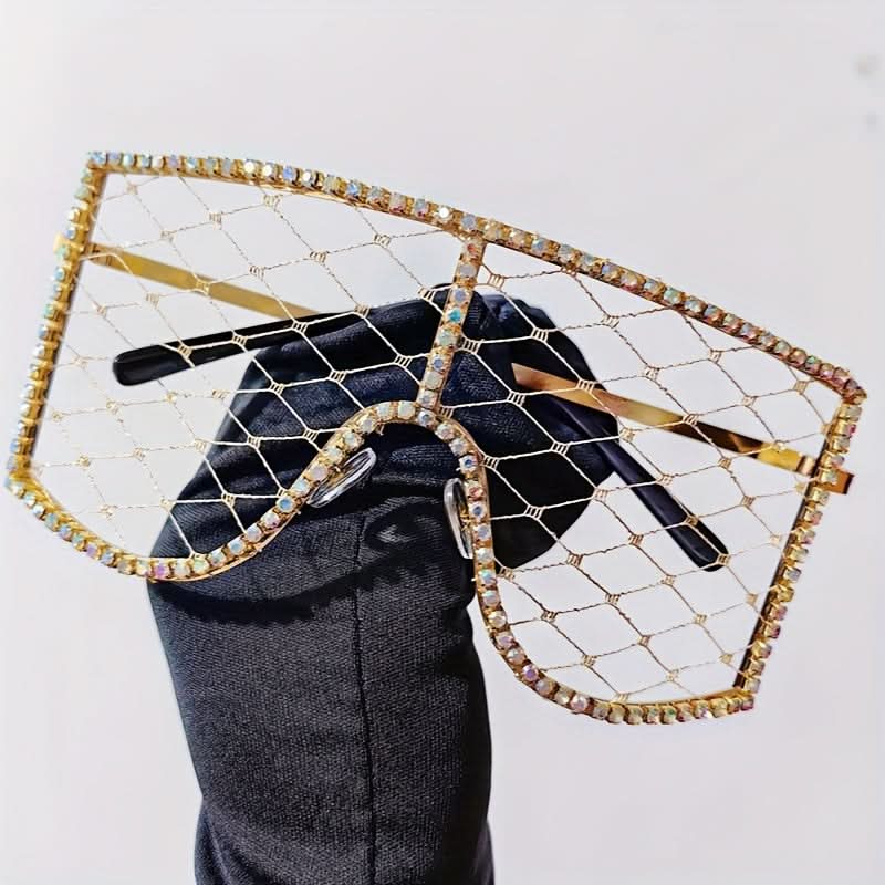 Luxury Rhinestone Mesh Shield Glasses for Women - Sparkling Square Eyewear, Protective Lens