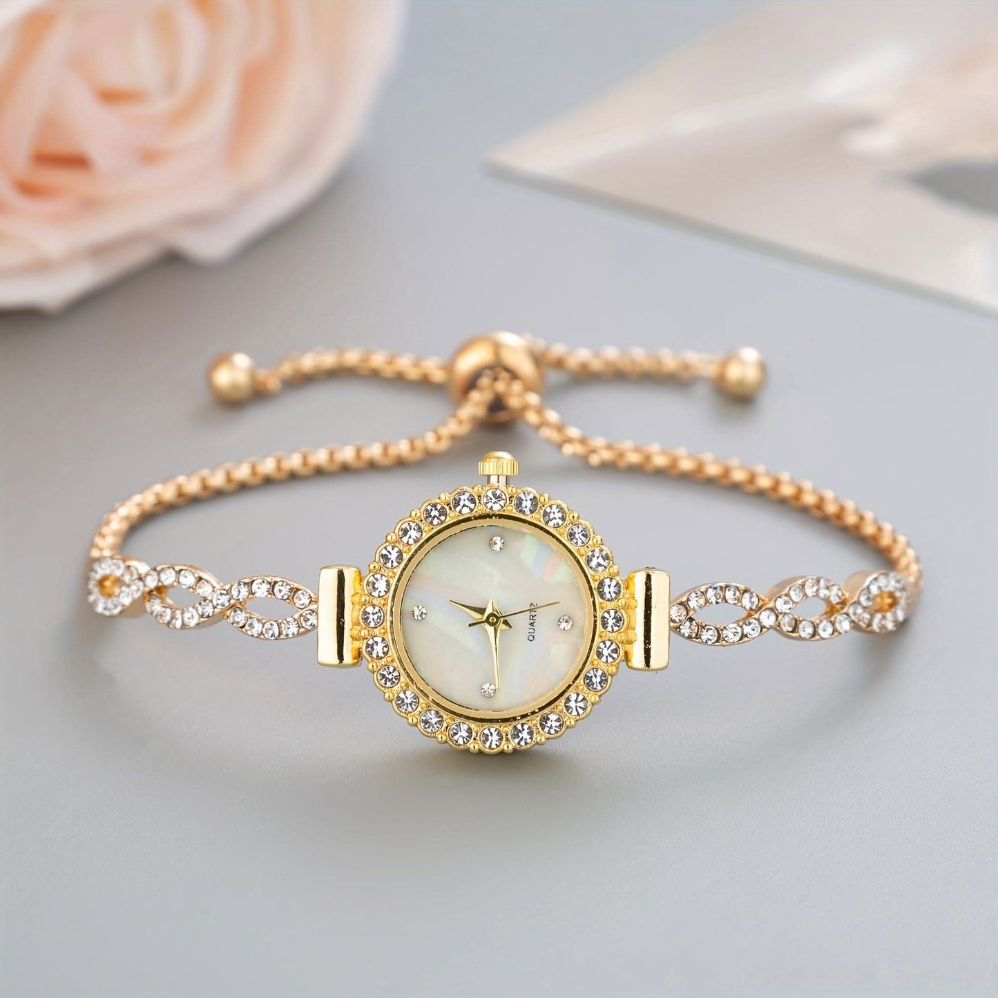 Luxury Women's Rhinestone Quartz Bracelet Watch – Elegant Iridescent Dial