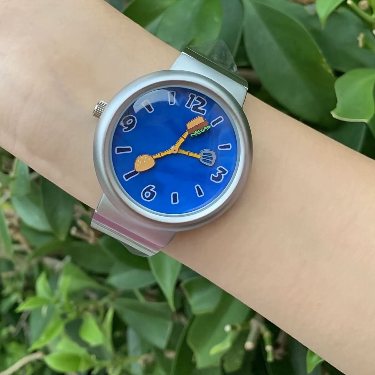 Unique Burger-Themed Blue Dial Watch – Silvery Matte Finish