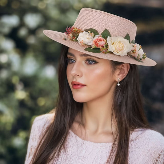 Women's Straw Fedora Hat with Rose Detail – Breathable Sun Protection