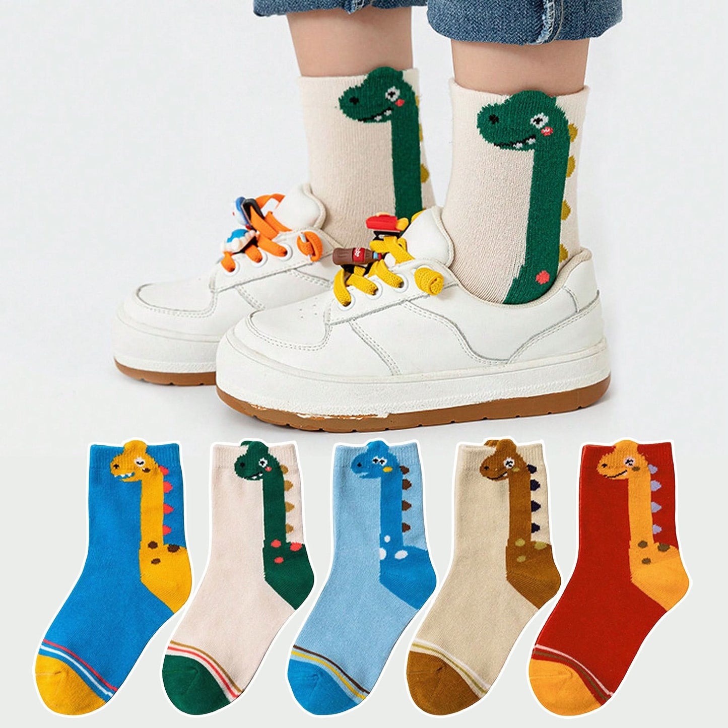 5 Pairs Boys' Cartoon Dino Crew Socks – Comfy