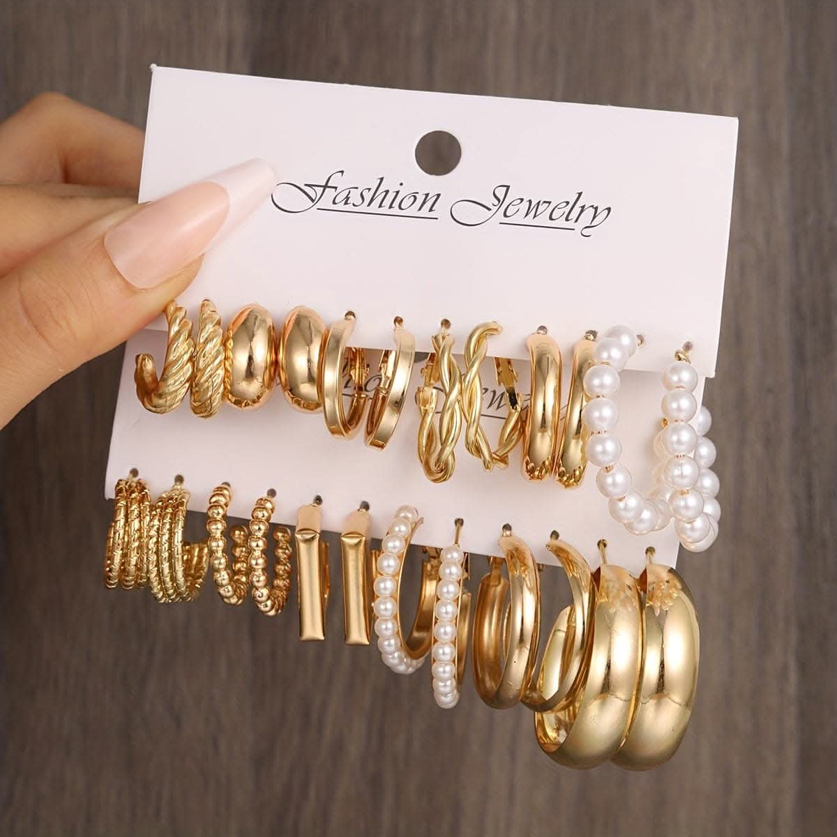 12 Pairs of Golden Geometric C-Shaped Ball Imitation Pearl Hoop Earrings Set