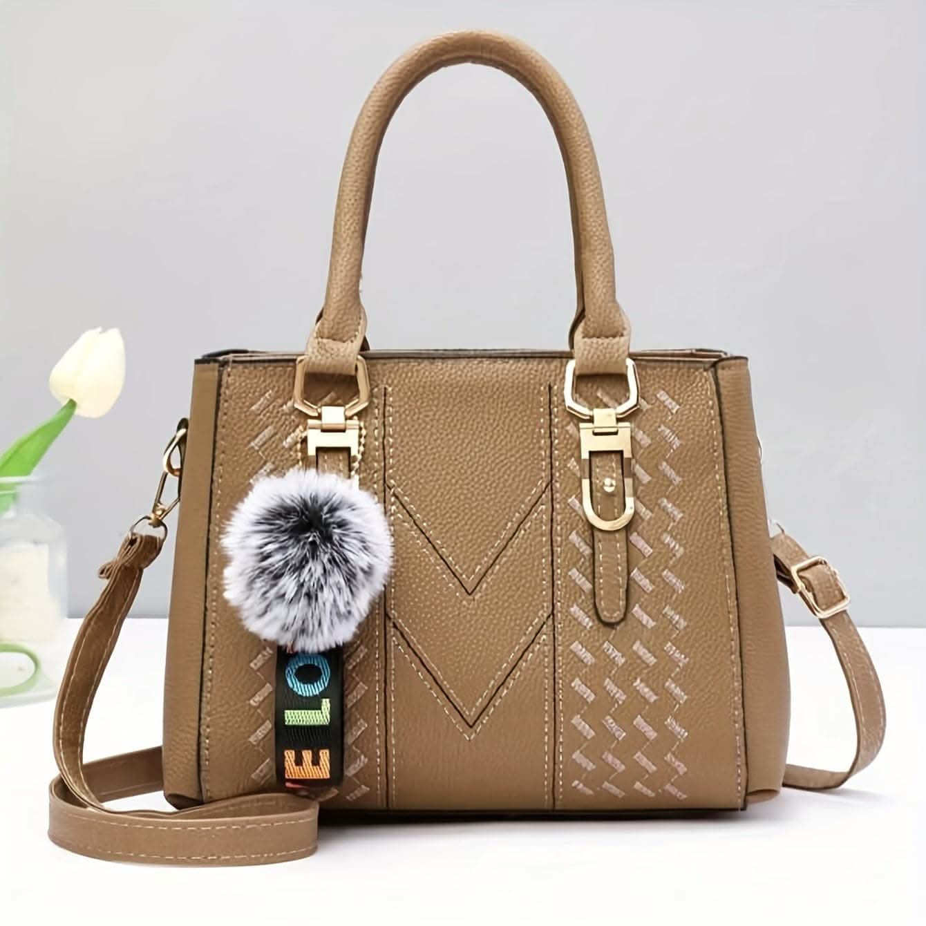 Women's Tote Bag With Pom-Pom Charm