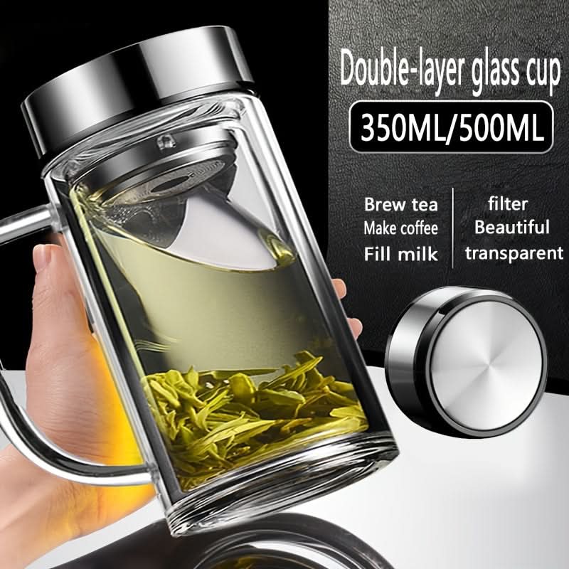Double-Layer Glass Tea & Coffee Mug-Leak-Proof, Heat-Resistant with Filter, Reusable