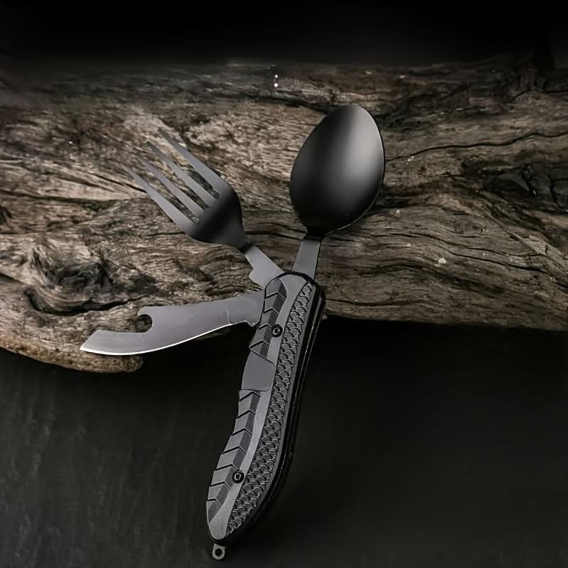4-in-1 Stainless Steel Camping Utensils Set – Fork, Spoon, Knife, Bottle Opener