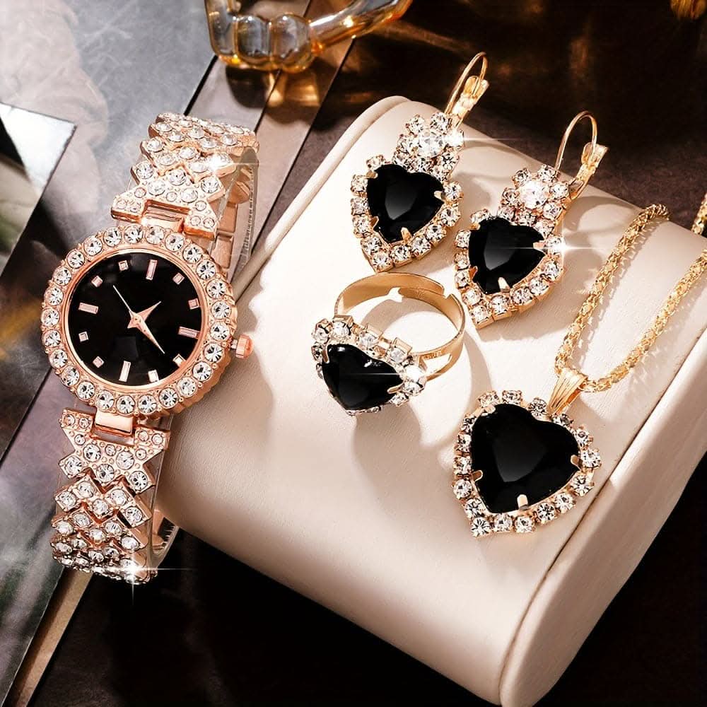 5-Piece Luxury Rhinestone Quartz Watch & Rose Gold Jewelry Set