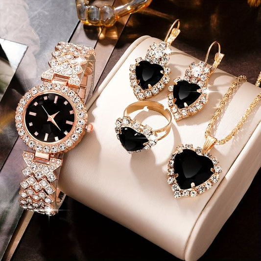 5-Piece Luxury Rhinestone Quartz Watch & Rose Gold Jewelry Set