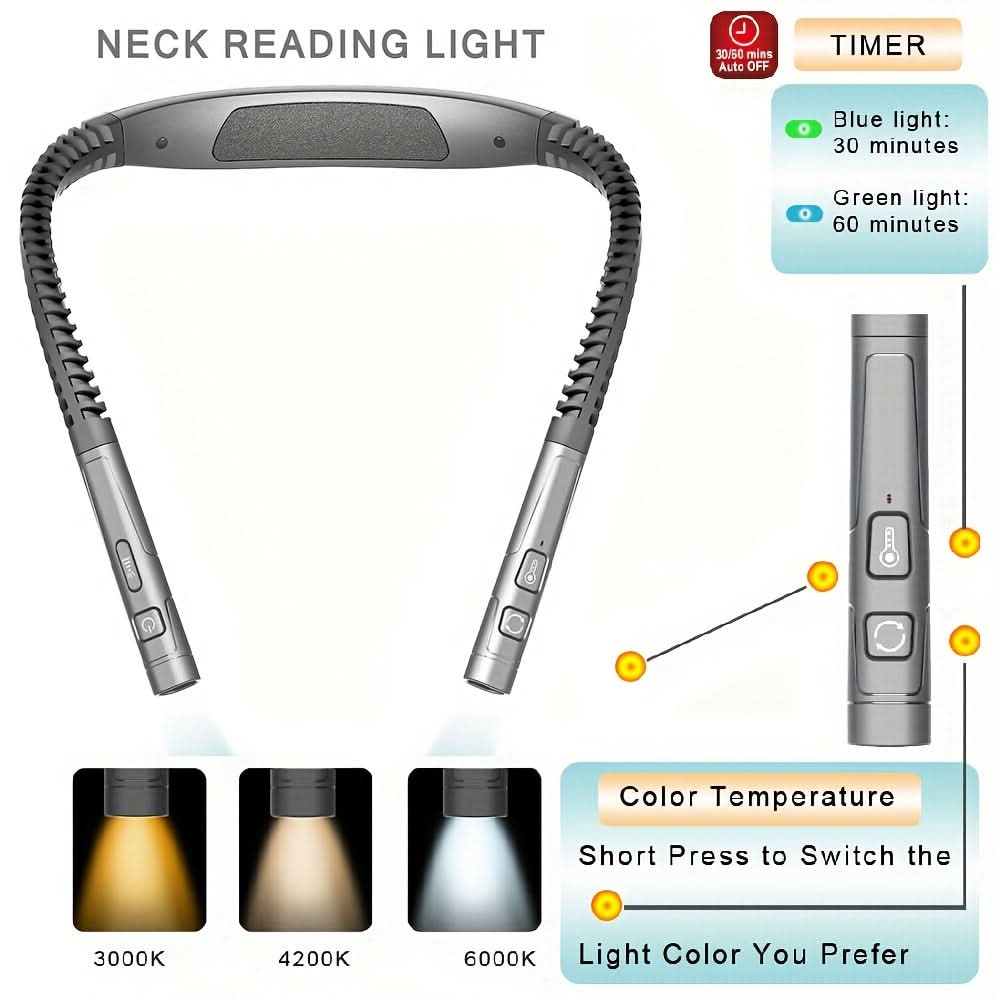 Rechargeable Neck Reading Light – 80-Hour Flexible Book Lamp with 3 Color Modes