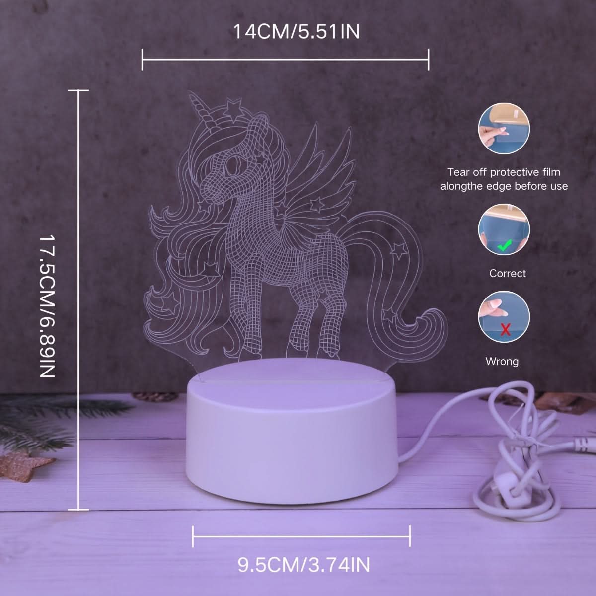 3D Unicorn Night Light - USB Powered Pink LED Lamp