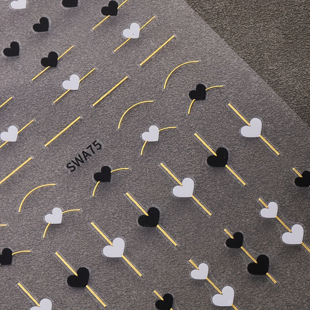 5-Piece Gold Line & Heart Nail Art Stickers – Black & White Valentine's DIY Set