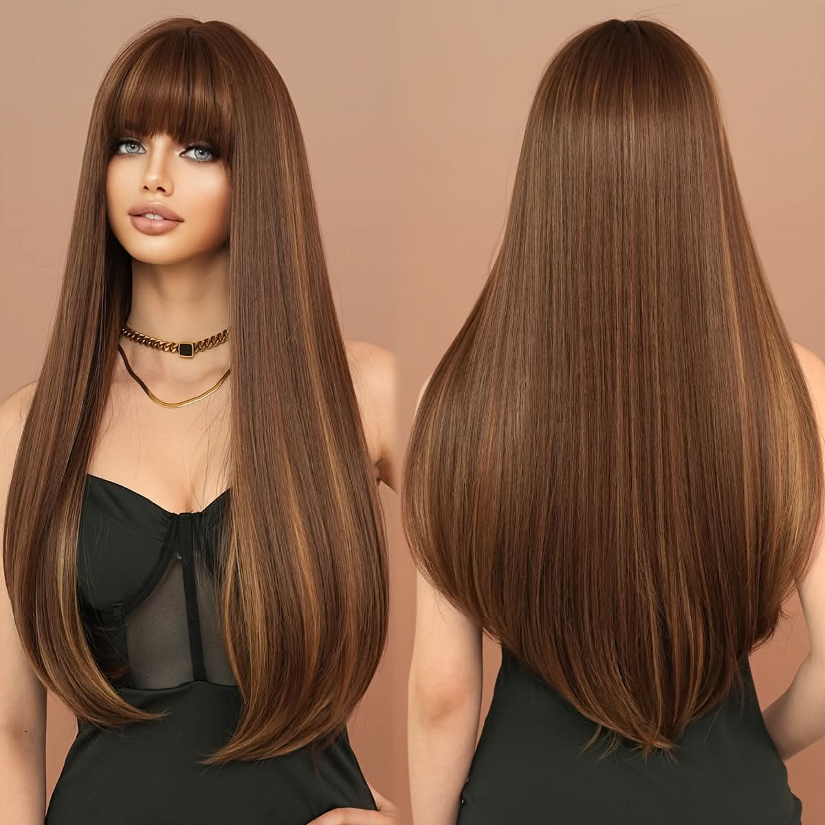 Chic Ombre Honey Brown Wig with Air Bangs – Heat Resistant