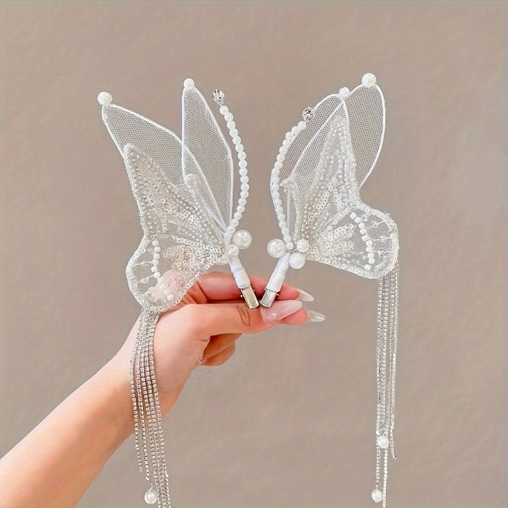 Butterfly Pearl Tassel Bridal Hair Clips