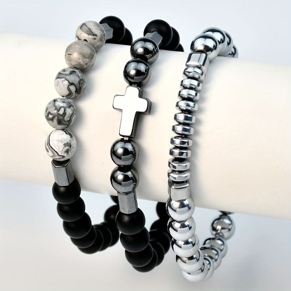 3-Piece Men's Black Gallstone Cross Bracelet Set