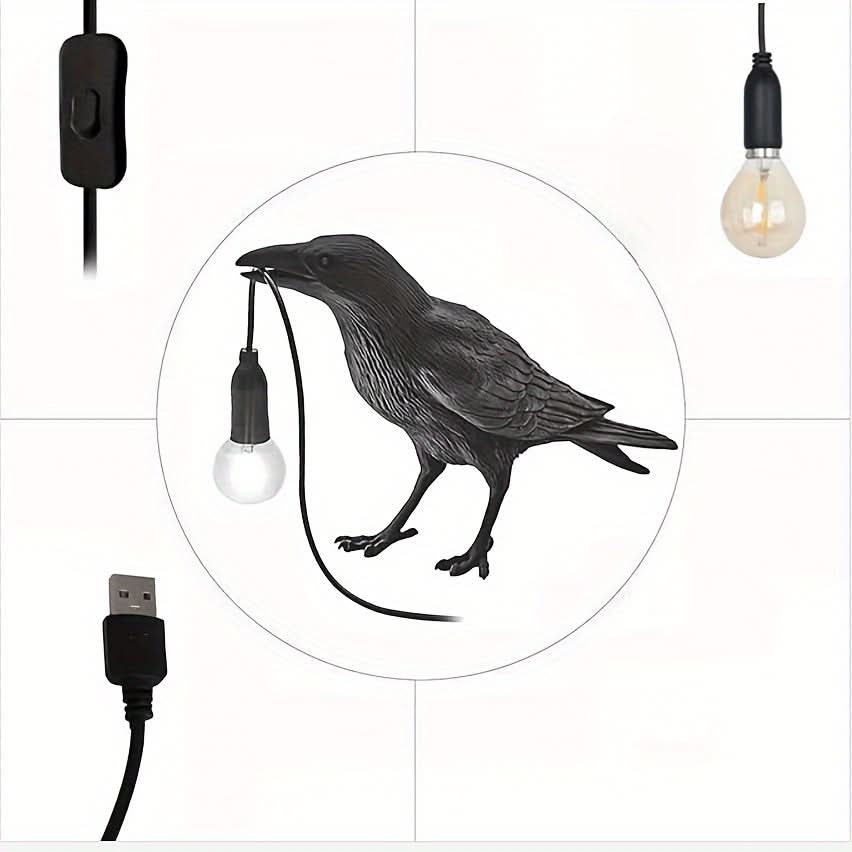 Unique Crow Design LED Table Lamp - Resin Bird with USB Port
