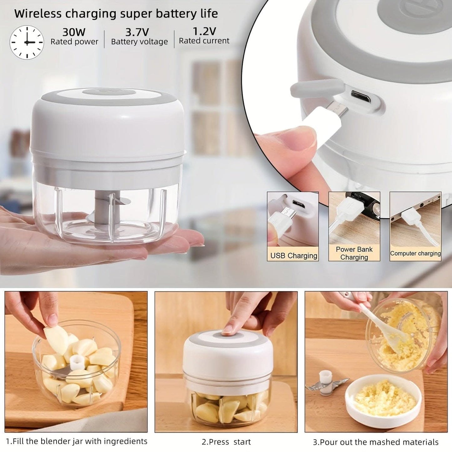 USB Rechargeable Electric Garlic Mixer - Multi-Scene Kitchen Shredder