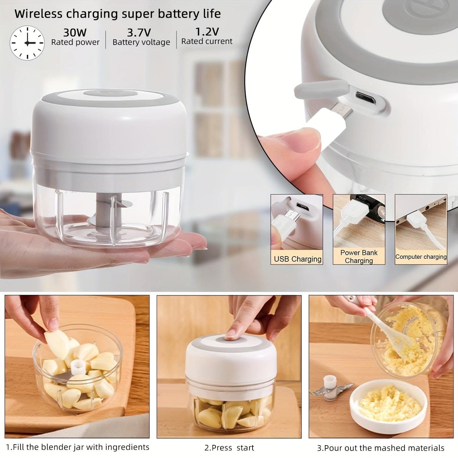USB Rechargeable Electric Garlic Mixer - Multi-Scene Kitchen Shredder