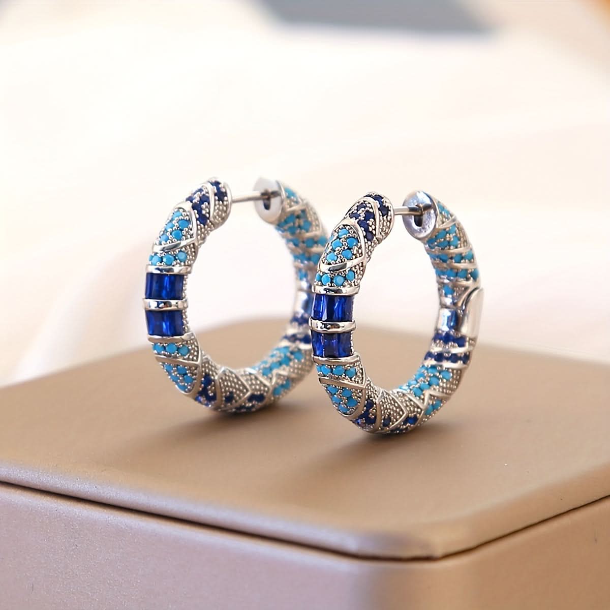 Vintage Blue Zircon Hoop Earrings for Women