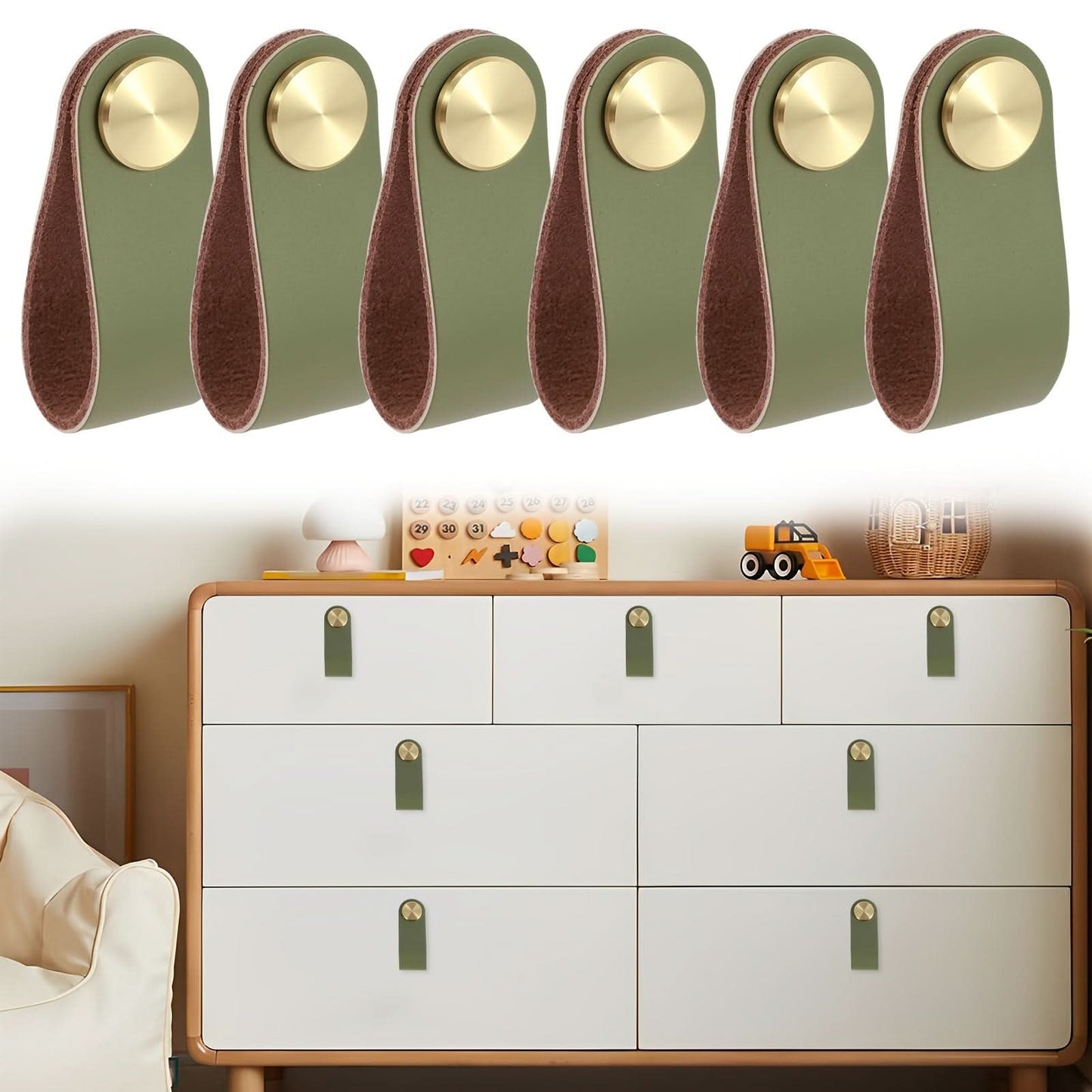 6-Pack Leather Drawer Pulls – Thickened Cabinet Handles with Brass Accents