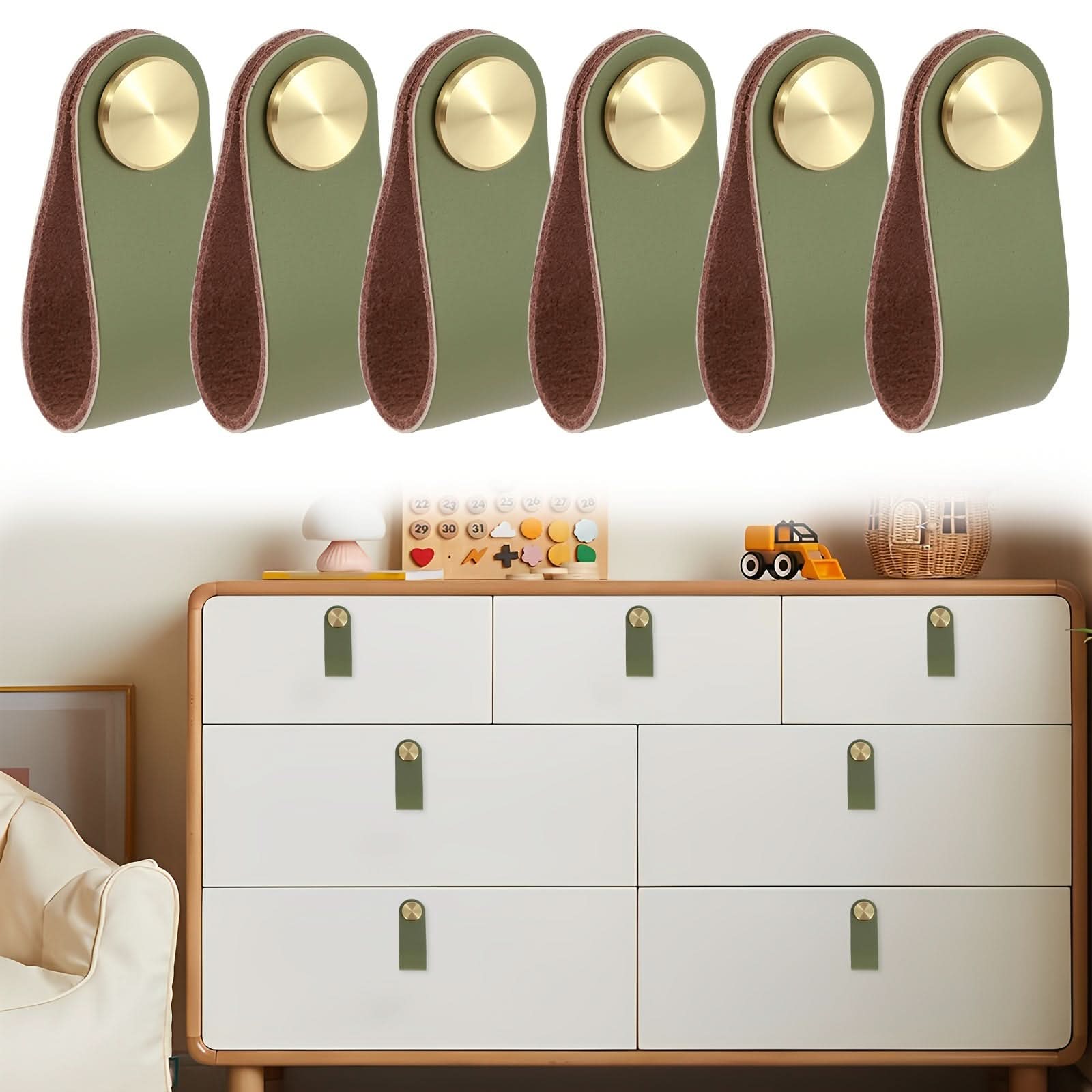 6-Pack Leather Drawer Pulls – Thickened Cabinet Handles with Brass Accents