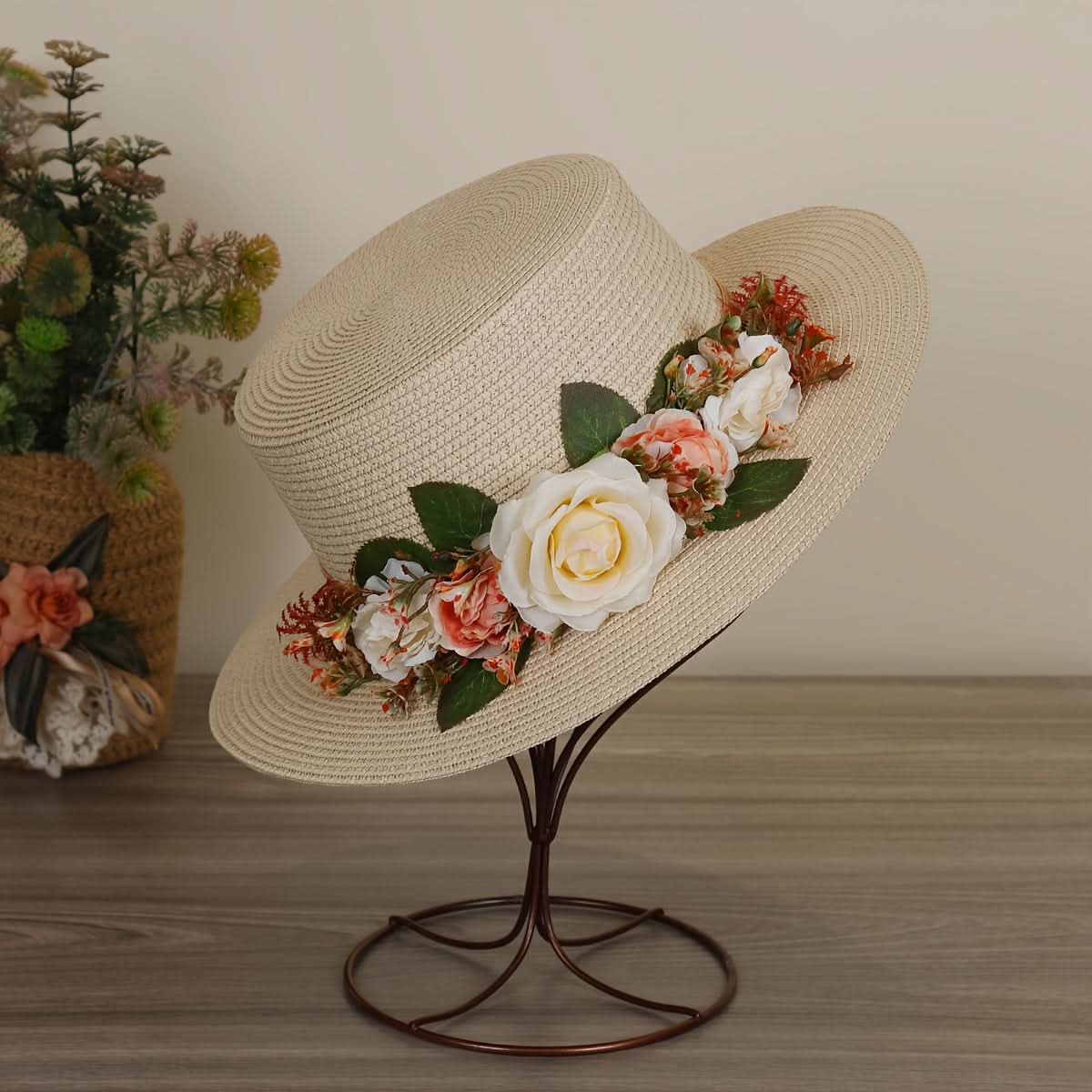 Women's Straw Fedora Hat with Rose Detail – Breathable Sun Protection