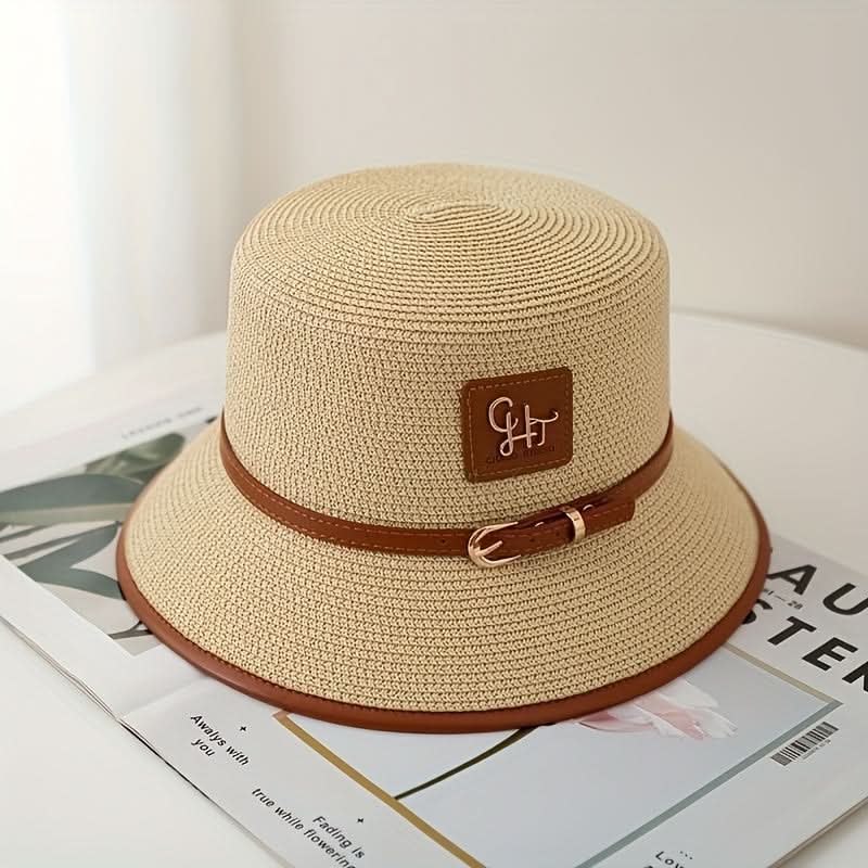 Women’s Straw Fedora Hat – Short Brim Sun Hat with Faux Leather Belt