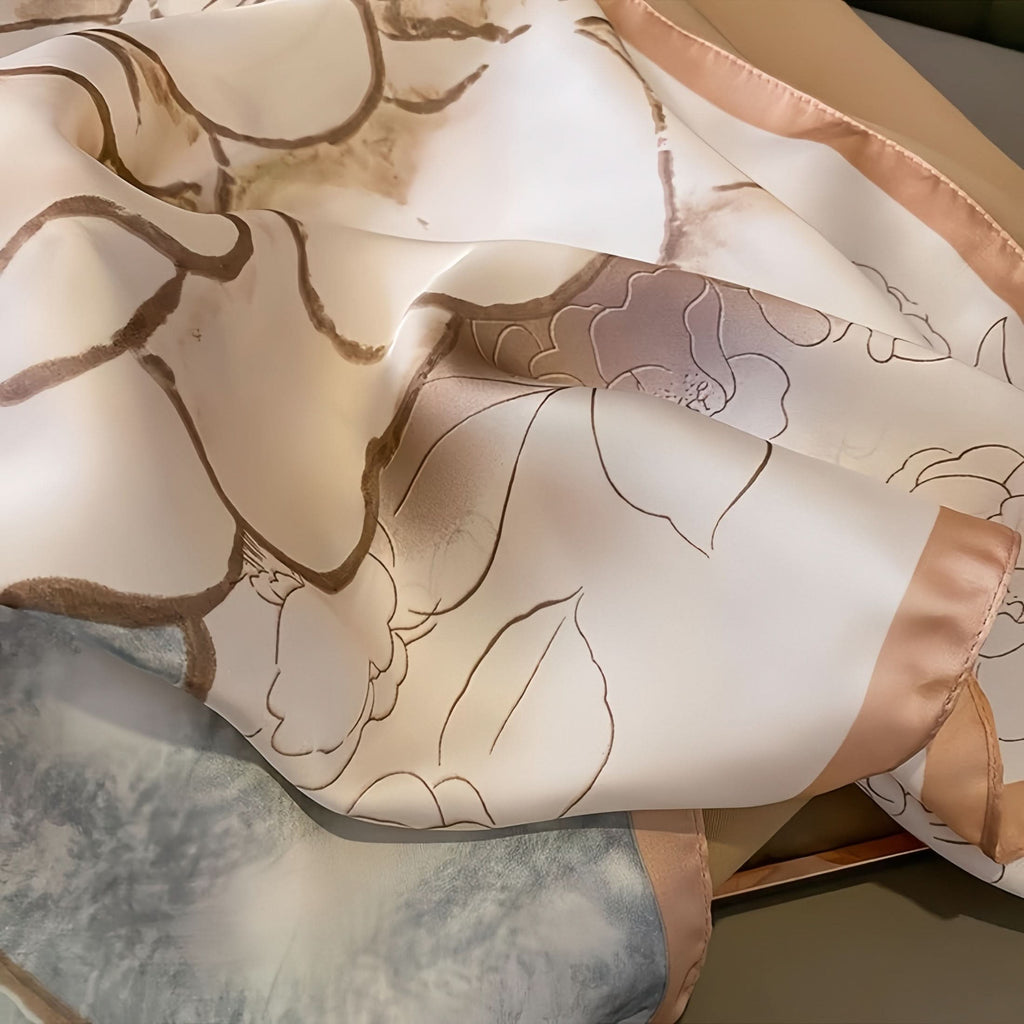 Vibrant Lotus Print Square Scarf – Soft Polyester, Sun Protection, Elegant Headscarf for Women
